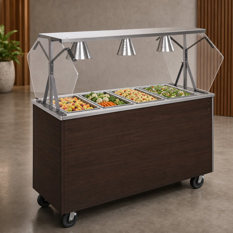 Product image #3 for Vollrath 2-Series Affordable Portable 4-Pan Mobile Non-Refrigerated Cold Food Station with Buffet Breath Guard and Sliding Door Storage Base, Walnut Woodgrain, 60 Inch Wide