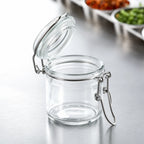 Thumbnail image #3 for American Metalcraft HMMJ4 4 oz Clear Glass Mini Mason Jar Condiment Jar with Hinged Lid Case of 72