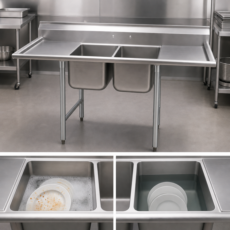 Product image #3 for Eagle Group 414 Series Two-Compartment Stainless Steel Sink with Dual Drainboards, 76 Inch