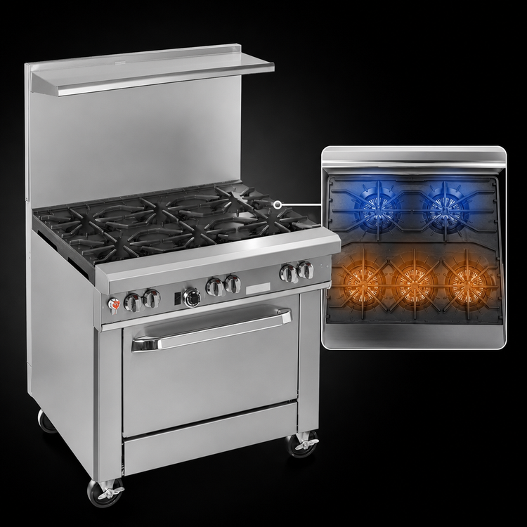 Product image #3 for Southbend Ultimate 36-Inch Commercial Gas Range with 3 Star/Sauté Front Burners, 2 Pyromax Rear Burners, Cabinet Base, and Hi-Shelf Riser