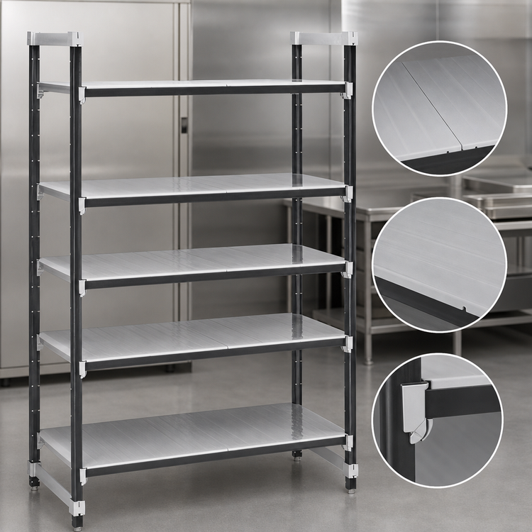 Product image #3 for Cambro Camshelving® Elements XTRA 5-Tier Solid Stationary Polymer Shelving Starter Unit, 21" x 60" x 84"