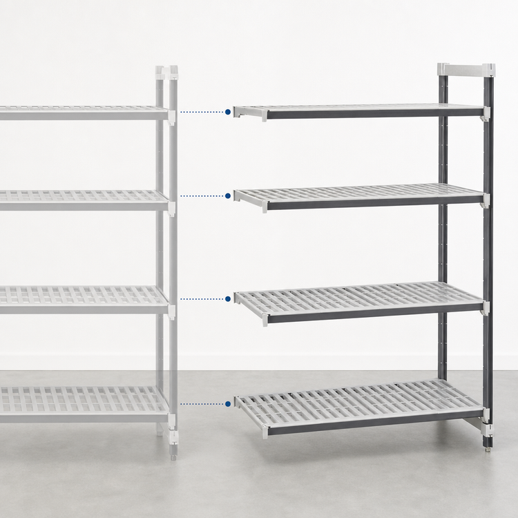 Product image #3 for Cambro Camshelving Elements XTRA 18-Inch Deep x 72-Inch Long x 84-Inch High 4-Tier Vented Stationary Add-On Polymer Shelving Unit, Speckled Gray