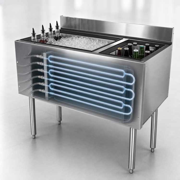 Product image #3 for CHOICE 48-Inch Underbar Combo Ice Bin and Cocktail Unit with Bottle Wells and 10-Circuit Cold Plate