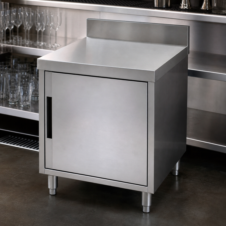 Product image #3 for Advance Tabco Underbar Basics Closed Stainless Steel Glass Rack Cabinet with Flat Top and 4 Inch Backsplash, 24 Inch W x 21 Inch D x 33 Inch H