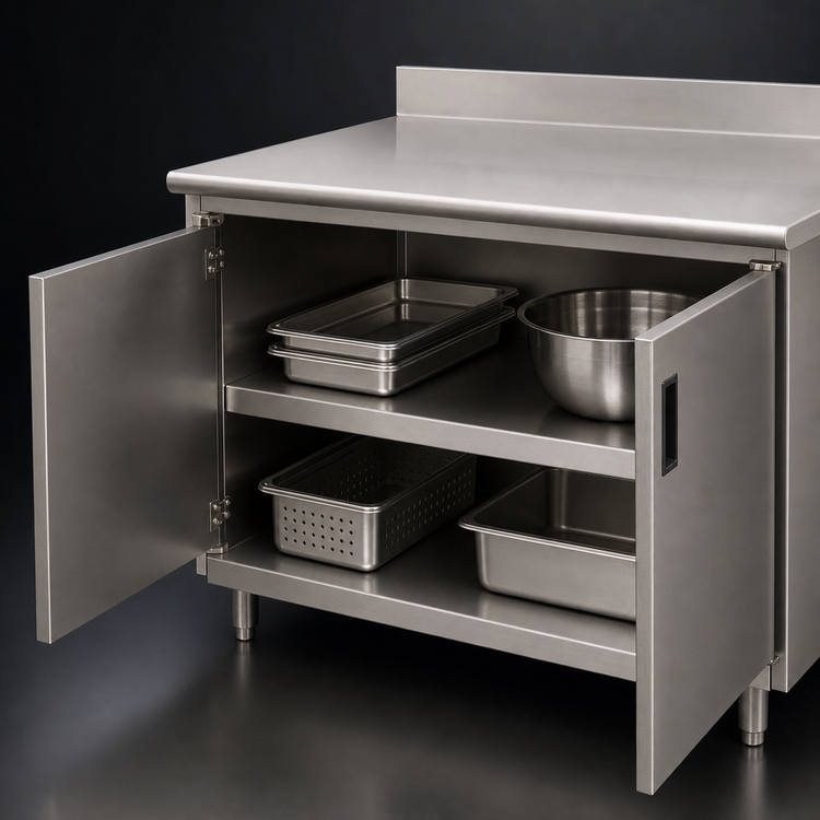 Product image #3 for Advance Tabco Special Value Series 60" x 24" Enclosed Work Table with Cabinet Base, Mid-Shelf, Hinged Doors, 16-Gauge 304 Stainless Steel Top, and 5" Backsplash