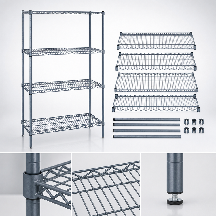 Product image #3 for Quantum 4-Shelf Wire Shelving Starter Kit, 60"W x 21"D x 74"H, Gray Epoxy Antimicrobial Finish