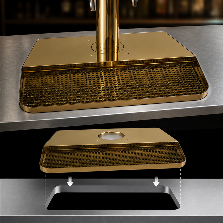 Product image #3 for Micro Matic Surface-Mount Drip Tray Trough with Tower Plate, 21-1/2 in. x 16-1/4 in., Stainless Steel with PVD Brass Screen