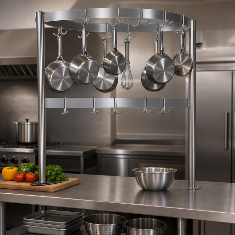 Product image #3 for John Boos Boat-Shaped Table-Mounted Stainless Steel Pot Rack, 55-1/4 Inch Wide, 15 Double Hooks