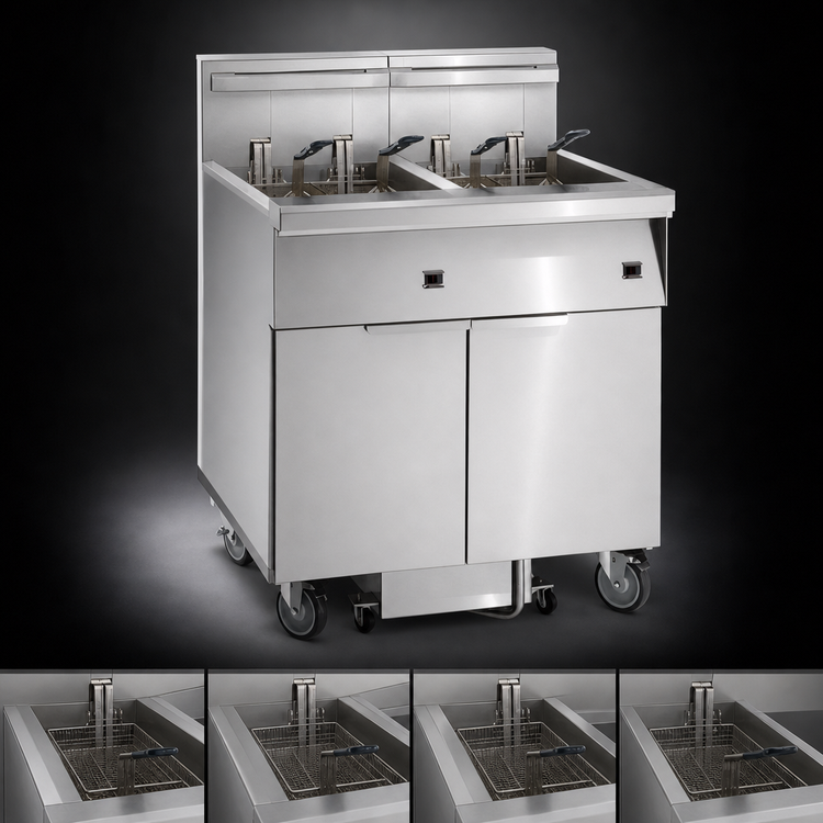Product image #3 for 4-Battery Electric Floor Fryer with Built-In Space Saver Filter System, 50 lb. Tanks
