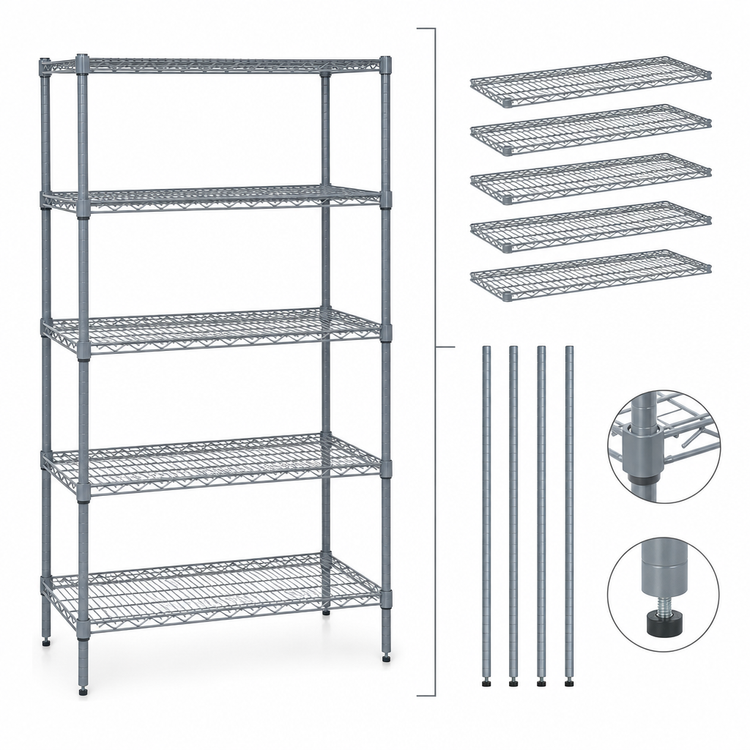 Product image #4 for Quantum Stationary Wire Shelving Starter Kit, Gray Epoxy Antimicrobial, 72"W x 24"D x 86"H, 5 Shelves