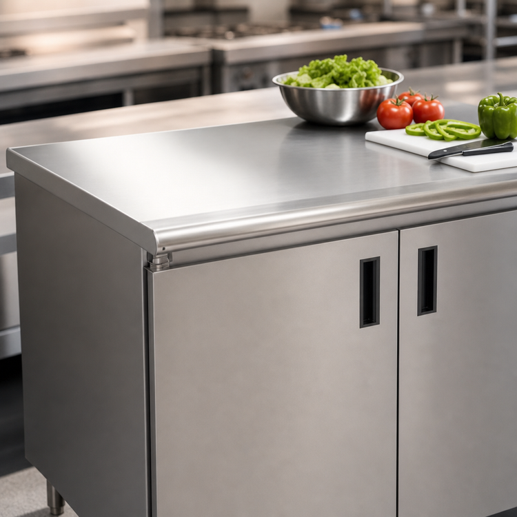 Product image #3 for Advance Tabco Special Value Series Enclosed Work Table with Cabinet Base, Mid-Shelf and Hinged Doors, 36 x 30 Inches, 16-Gauge 304 Stainless Steel Top