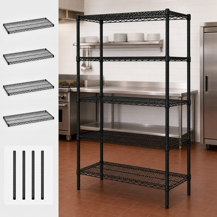 Product image #3 for Quantum 60" x 21" x 86" Stationary Wire Shelving Starter Kit with 5 Shelves, Black Epoxy Antimicrobial Finish