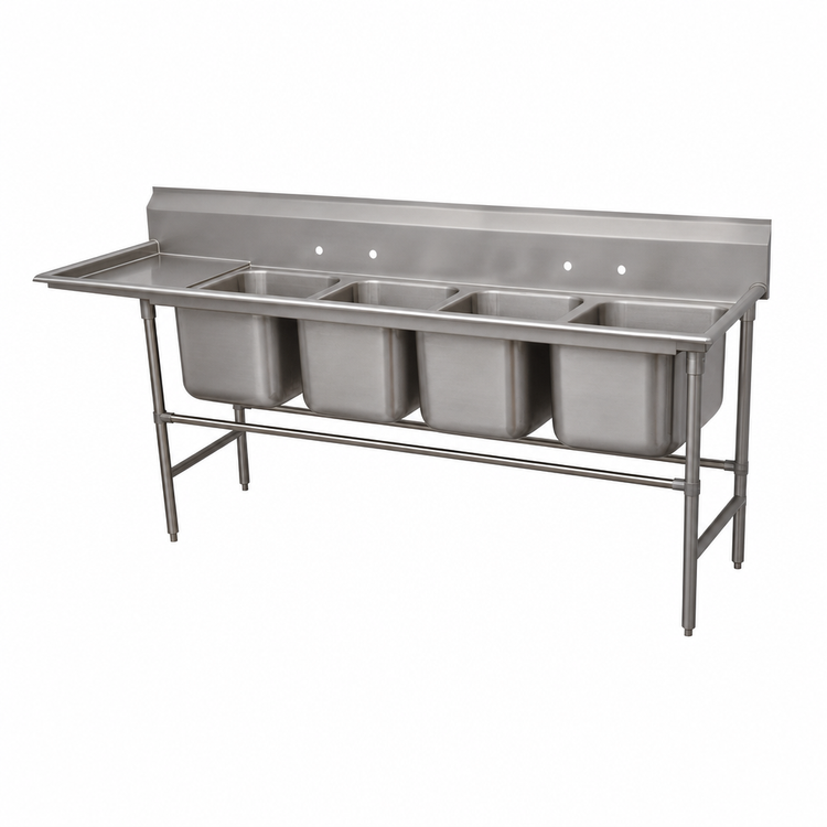 Product image #3 for Advance Tabco Regaline 4-Compartment Floor Model Sink with Left-Hand Drainboard, 20" x 20" Bowls, 36" Drainboard