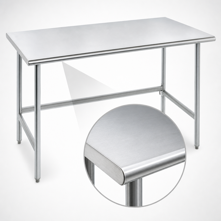 Product image #3 for Advance Tabco 120" x 48" Flat Top Stainless Steel Work Table with Galvanized Open Base, 14-Gauge 304 Top