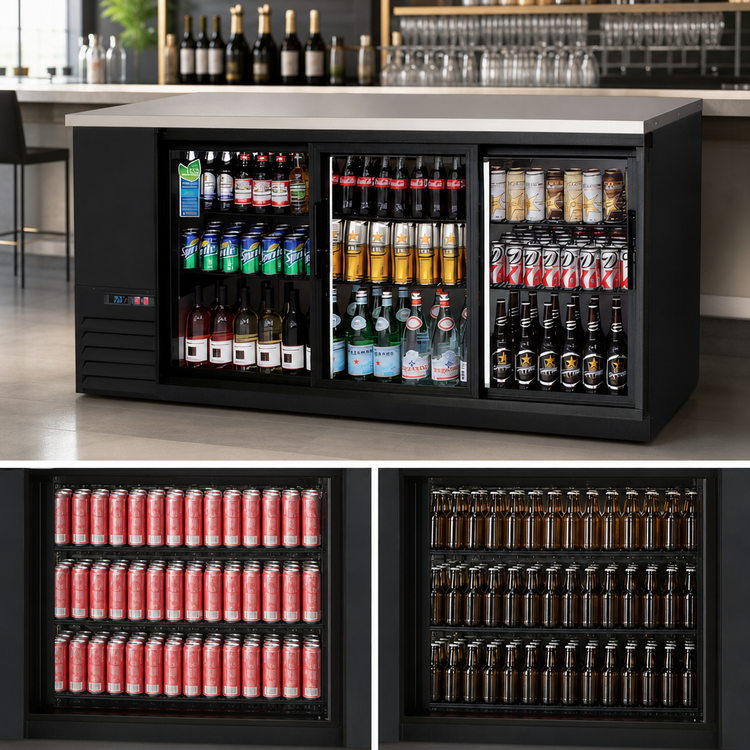 Product image #3 for Everest Refrigeration Three-Section Back Bar Refrigerator, 89-1/4 Inch, 28 Cu. Ft., Self-Contained Side-Mounted, Glass Sliding Doors