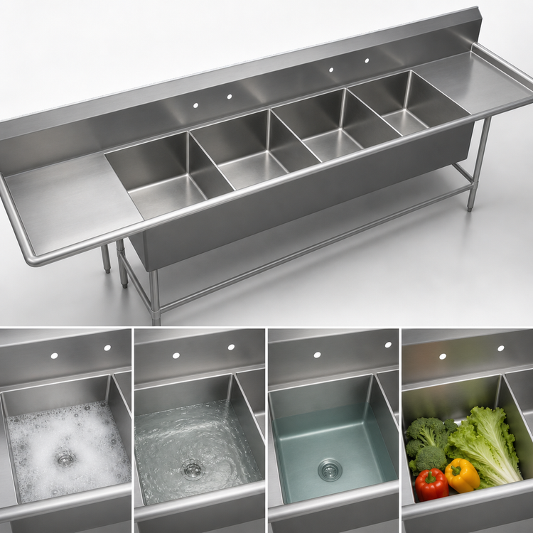 Product image #3 for John Boos Pro-Bowl 4-Compartment Sink with Dual 24-Inch Drainboards, 147-1/4-Inch Wide, 24 x 24 x 14-Inch Bowls, Stainless Steel