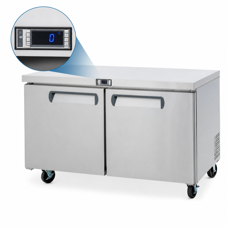 Product image #3 for Migali Competitor Series 60-Inch 2-Section Stainless Steel Undercounter Reach-In Freezer, 18.2 Cu. Ft., Solid Doors, Self-Contained