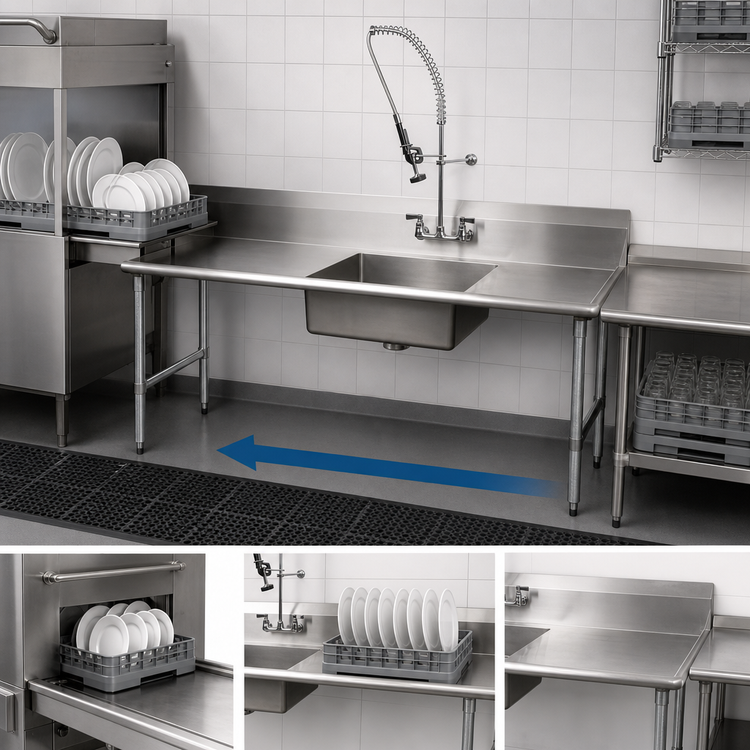 Product image #3 for BK Resources Straight Soiled Dish Table with 20 x 20 x 8 Sink, Pre-Rinse Faucet and Drain, 48 Inch, Right-to-Left, Galvanized Legs