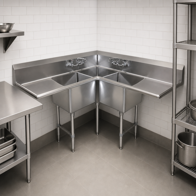 Product image #3 for BK Resources Three-Compartment Corner Sink with Dual 24-Inch Drainboards