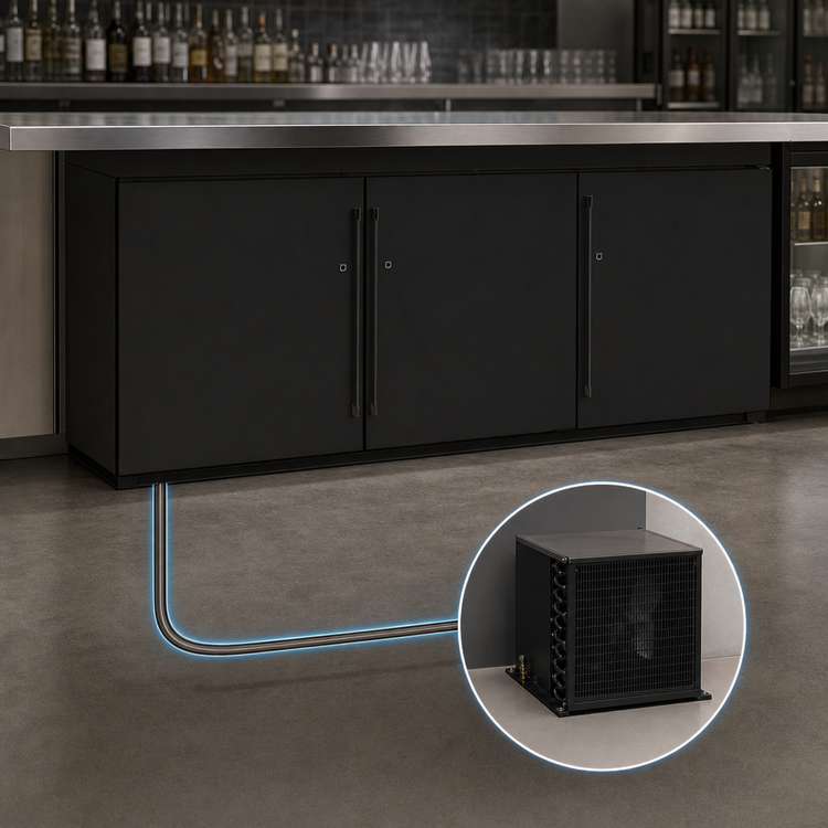 Product image #4 for Perlick BBRLP96 Low-Height 4-Door Remote Back Bar Refrigerator, 96-Inch Wide, Black Exterior, Stainless Steel Top