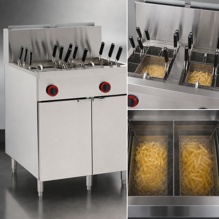 Product image #3 for Omcan Natural Gas Floor Model Pasta Cooker with Dual 11-Gallon Tanks and 12 Baskets