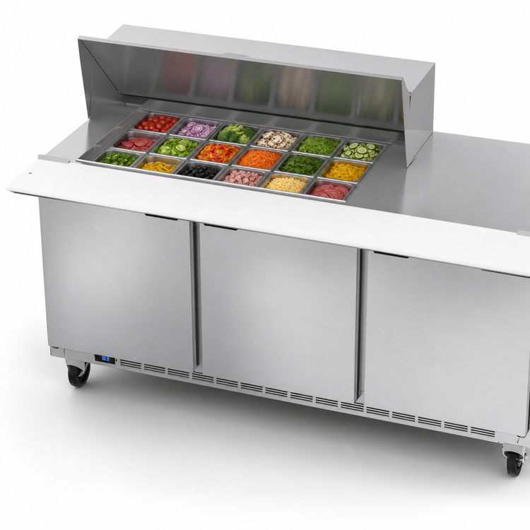 Product image #4 for Beverage-Air Three-Section Mega Top Refrigerated Prep Table, 72 Inch, 3 Door