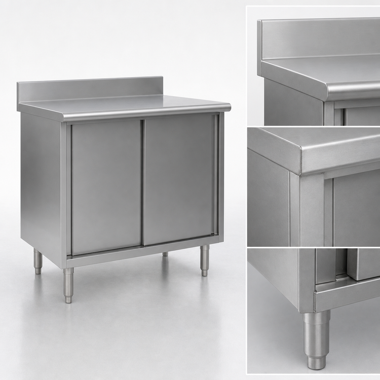 Product image #3 for Spec-Master Enclosed Stainless Steel Worktable with Sliding Doors, 48 x 24 Inches, 4-1/2-Inch Backsplash