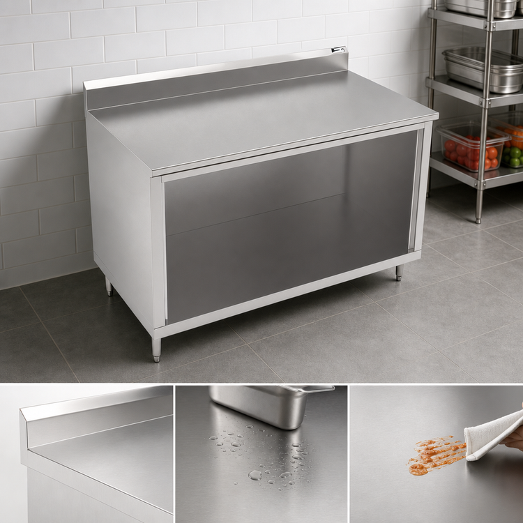 Product image #3 for John Boos Open Front Cabinet Base Work Table with 14-Gauge 300 Series Stainless Steel Top, 48 x 36 Inches, 5-Inch Backsplash