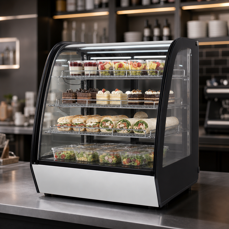 Product image #3 for Omcan Countertop Curved Glass Refrigerated Display Case, 28 Inch Wide, 5.12 Cu. Ft., 2 Sliding Glass Doors