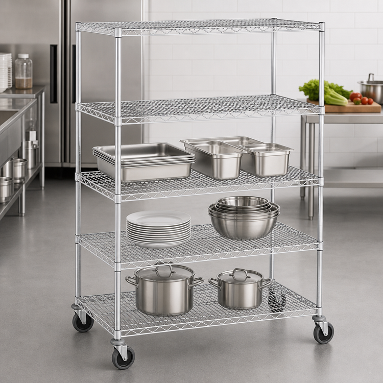 Product image #3 for Metro Super Erecta Wire Stem Caster Cart with 4 Shelves, 60 x 21 x 69 Inches, Chrome, Polyurethane Casters