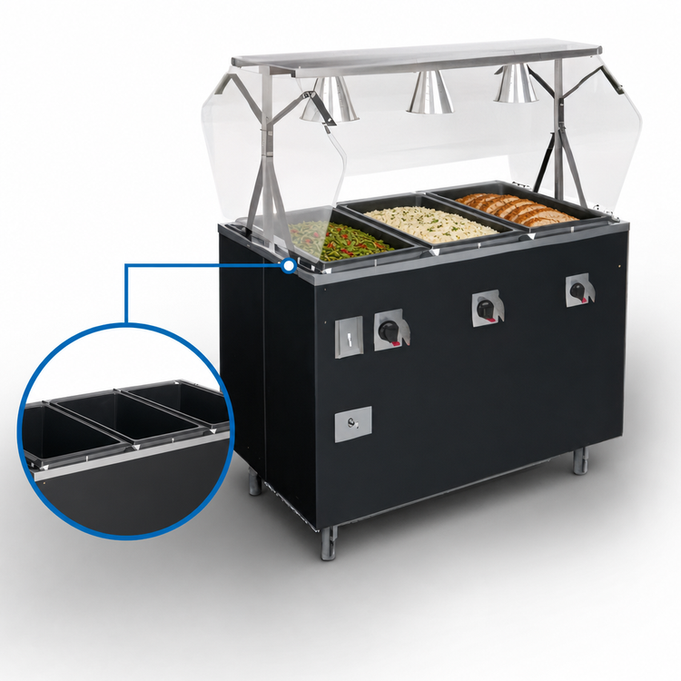 Product image #3 for Vollrath 2-Series Affordable Portable™ 3-Well Mobile Hot Food Station Deluxe with Buffet-Style Breath Guard