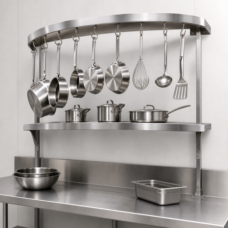 Product image #3 for Advance Tabco 48-Inch Semi-Circular Table-Mounted Stainless Steel Pot Rack with 12 Hooks and Utensil Rack