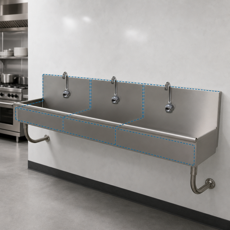Product image #3 for Advance Tabco 72-Inch 3-Station Wall Mounted Stainless Steel Hand Wash Sink with 3 Electronic Faucets