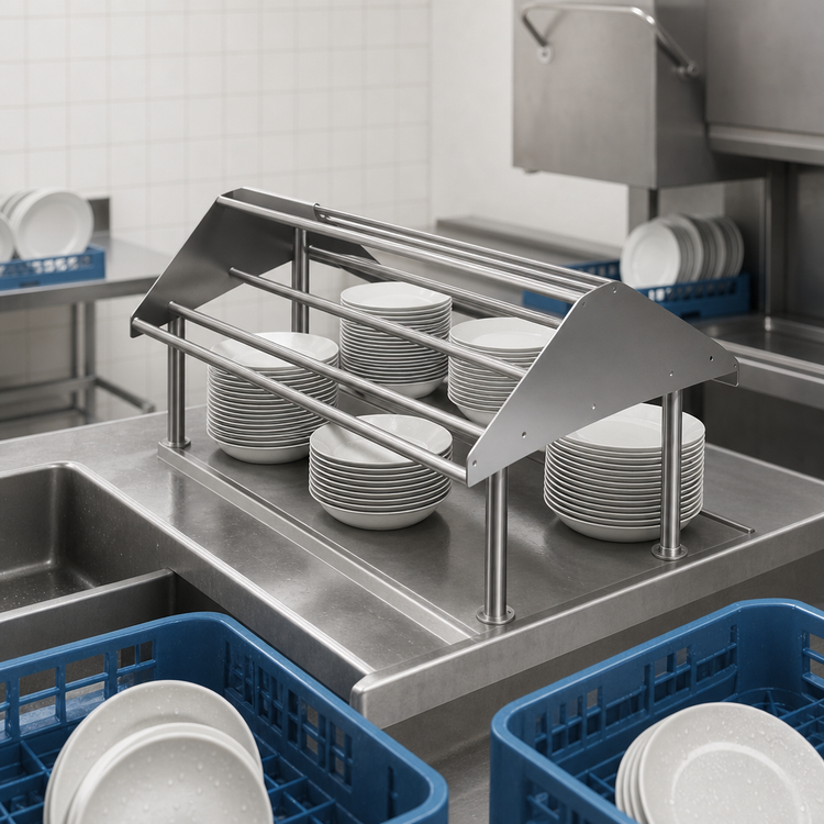 Product image #3 for John Boos Double-Sided Tubular Stainless Steel Sorting Shelf for Soiled Dish Tables, 60 x 30-1/2 Inch, Table/Wall Mounted