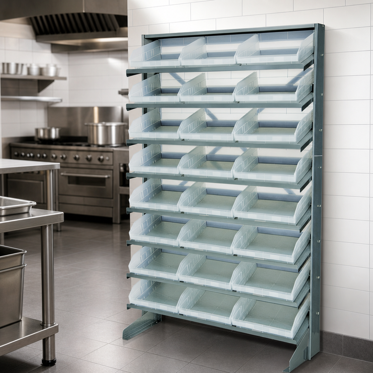 Product image #3 for Quantum Sloped Single-Sided Steel Pick Rack with 8 Shelves and 24 Clear Bins