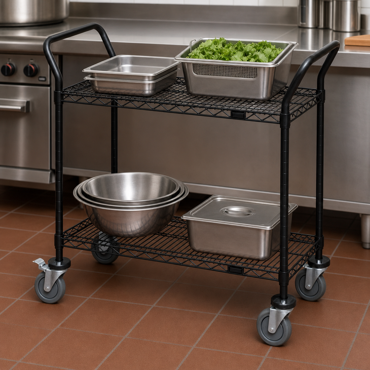 Product image #3 for Quantum Black Epoxy Wire Utility Cart with 2 Shelves, U-Handles, and 5-Inch Swivel Casters
