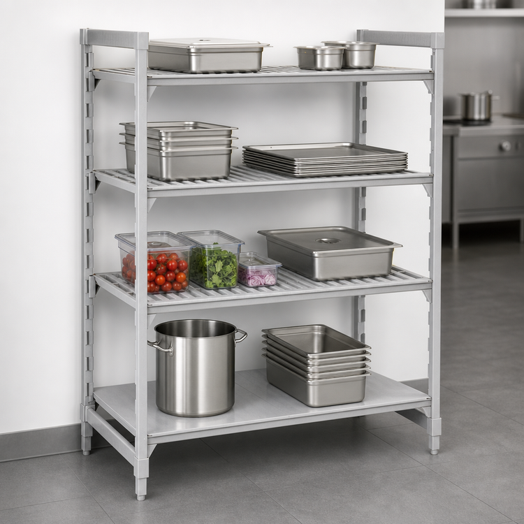 Product image #4 for Cambro Camshelving Premium 4-Tier Stationary Starter Unit, 18 x 72 x 64, 3 Vented + 1 Solid Shelves