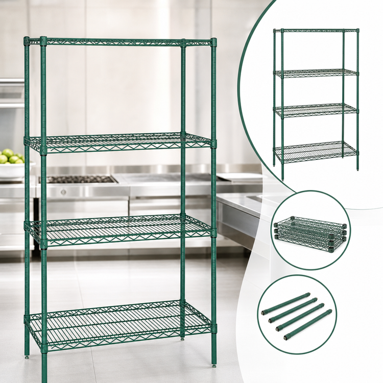Product image #3 for Quantum Wire Shelving Starter Kit, 42"W x 21"D x 86"H, 4 Shelves, Green Epoxy Antimicrobial Finish
