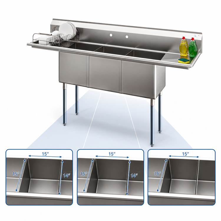 Product image #4 for Koolmore 75-Inch Commercial 3-Compartment Stainless Steel Sink with Dual Drainboards and Backsplash
