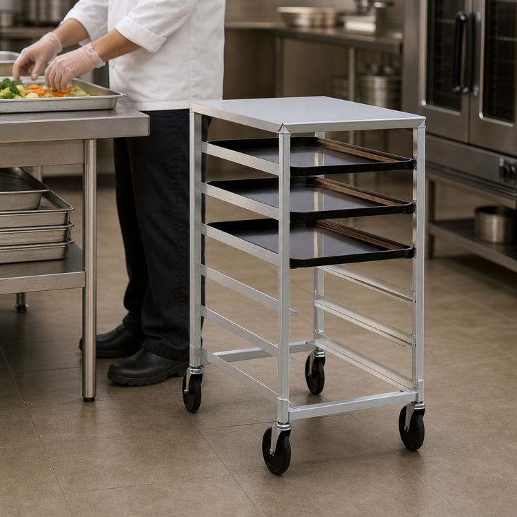 Product image #3 for New Age Mobile Half-Size Open-Side Aluminum Pan Rack with Stainless Steel Top, 6-Pan Capacity