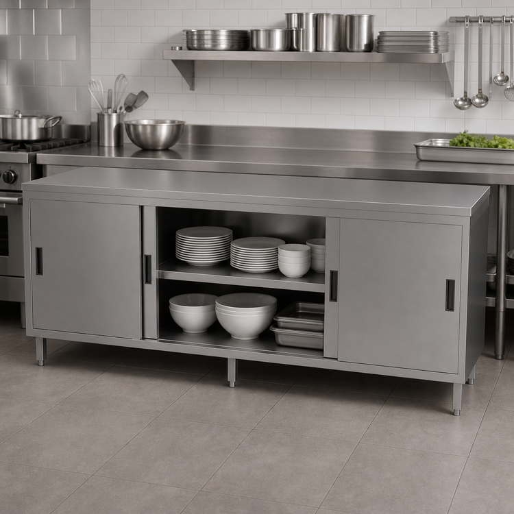Product image #4 for BK Resources 84-Inch Enclosed Chef Table with Sliding Doors, 304 Stainless Steel