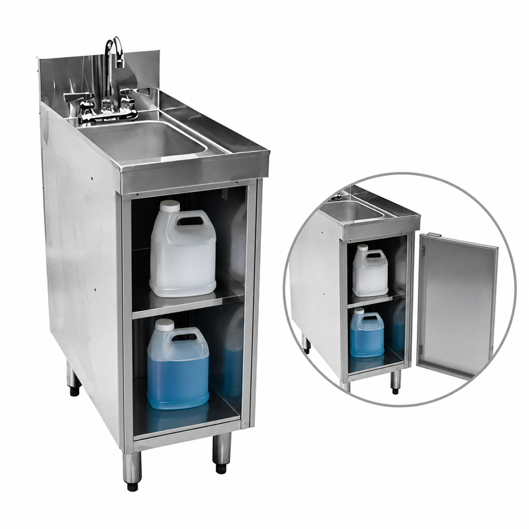 Product image #3 for CHOICE 12-Inch Wide Stainless Steel Open Front Underbar Sink Cabinet with Chemical Storage and Gooseneck Faucet
