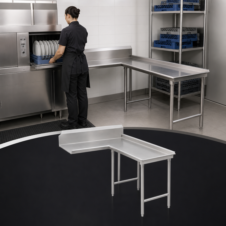 Product image #3 for Advance Tabco Island-Style L-Shaped Clean Dishtable, Right-Side Attachment, 143 Inches Long, 304 Stainless Steel