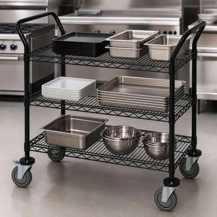 Product image #3 for Quantum 60-Inch 3-Shelf Utility Bus Cart with U-Handles and Swivel Casters