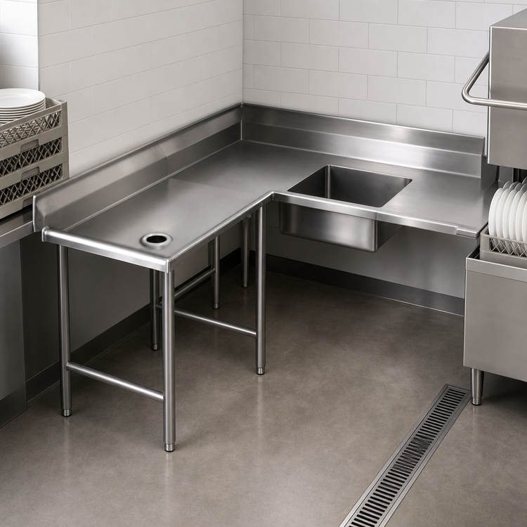 Product image #3 for Eagle Group Left-Hand Corner Soiled Dishtable, 120 Inch Machine-to-Corner x 60 Inch Corner-to-End, 30 Inch Working Depth, 16/430 Stainless Steel