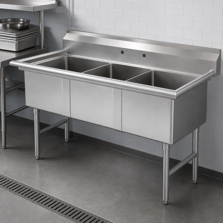 Product image #3 for Advance Tabco 3-Compartment Fabricated Stainless Steel Sink with Legs, 95-Inch Long, 30 x 24 x 14-Inch Bowls
