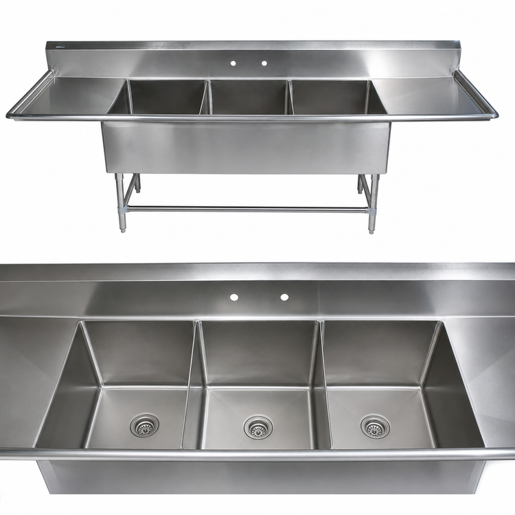 Product image #3 for John Boos Pro-Bowl 3-Compartment Sink with Left & Right Drainboards, 18" x 18" x 14" Deep Bowls, Stainless Steel Legs