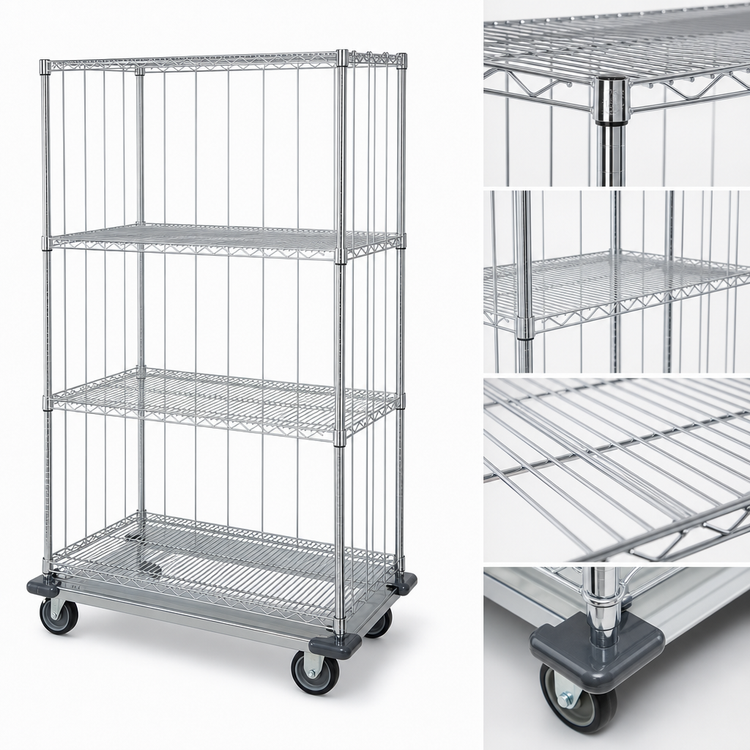Product image #3 for Quantum 48"W x 24"D x 70"H Mobile Enclosure Cart with 4 Wire Shelves, Chrome Plated Finish