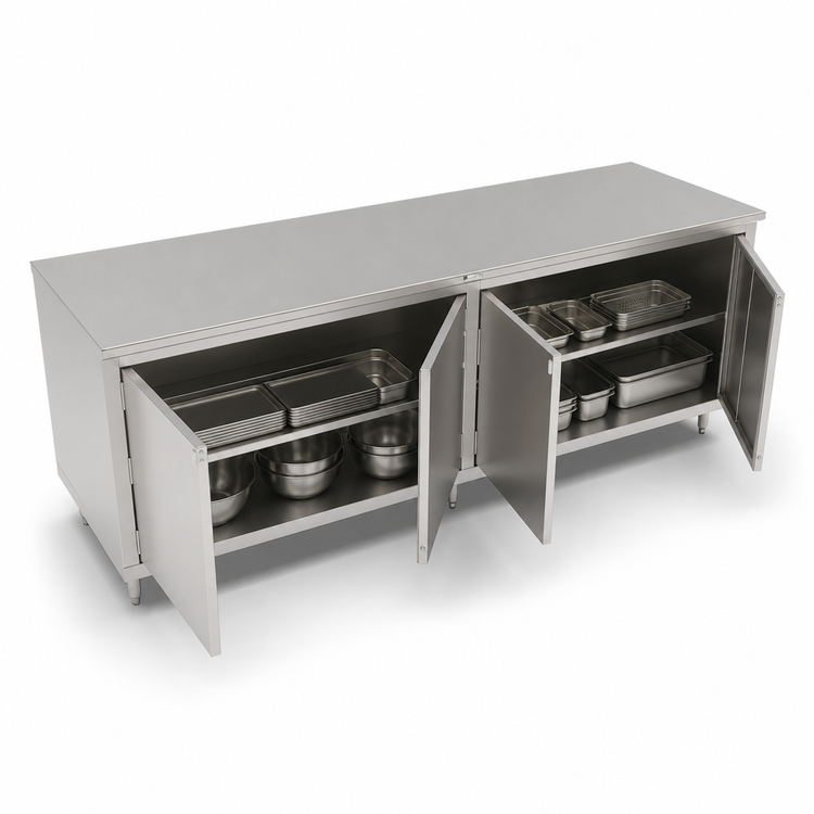 Product image #3 for John Boos 108"W x 24"D Stainless Steel Enclosed Work Table with Cabinet Base and Hinged Doors