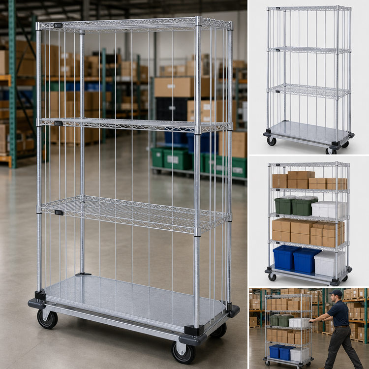 Product image #3 for Quantum 48-Inch Wide x 18-Inch Deep x 81-Inch High Mobile Enclosure Cart with 4 Shelves, Chrome Finish